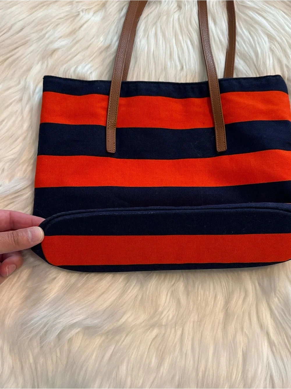 Janie and Jack Navy and Orange Striped Canvas Tote with Brown Handles